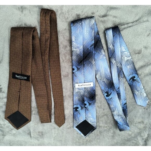 Men's Silk Necktie Lot of 2 Van Heusen Geo Print 59" Blue Tie 62" Brown Tie - Picture 5 of 12